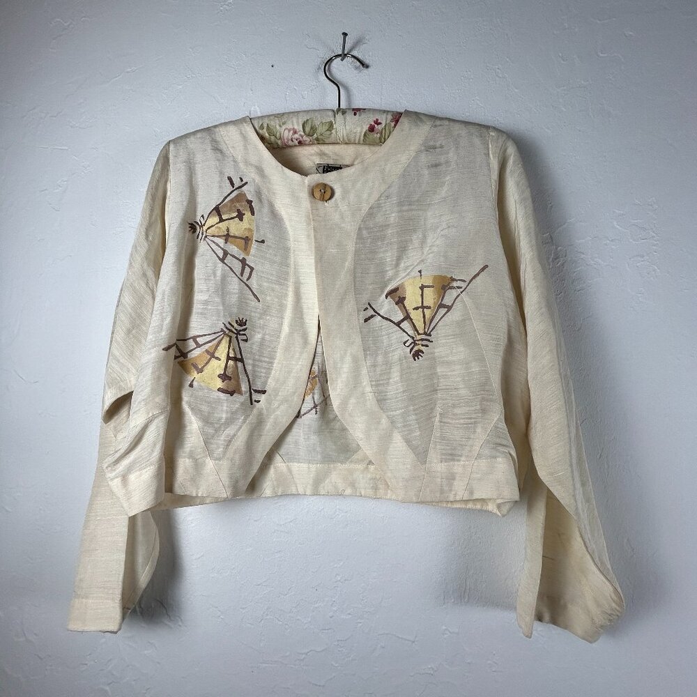 Vintage Blue Fish Ivory Hemp Silk Hand Printed Cropped Blazer Size 0 Lightweight